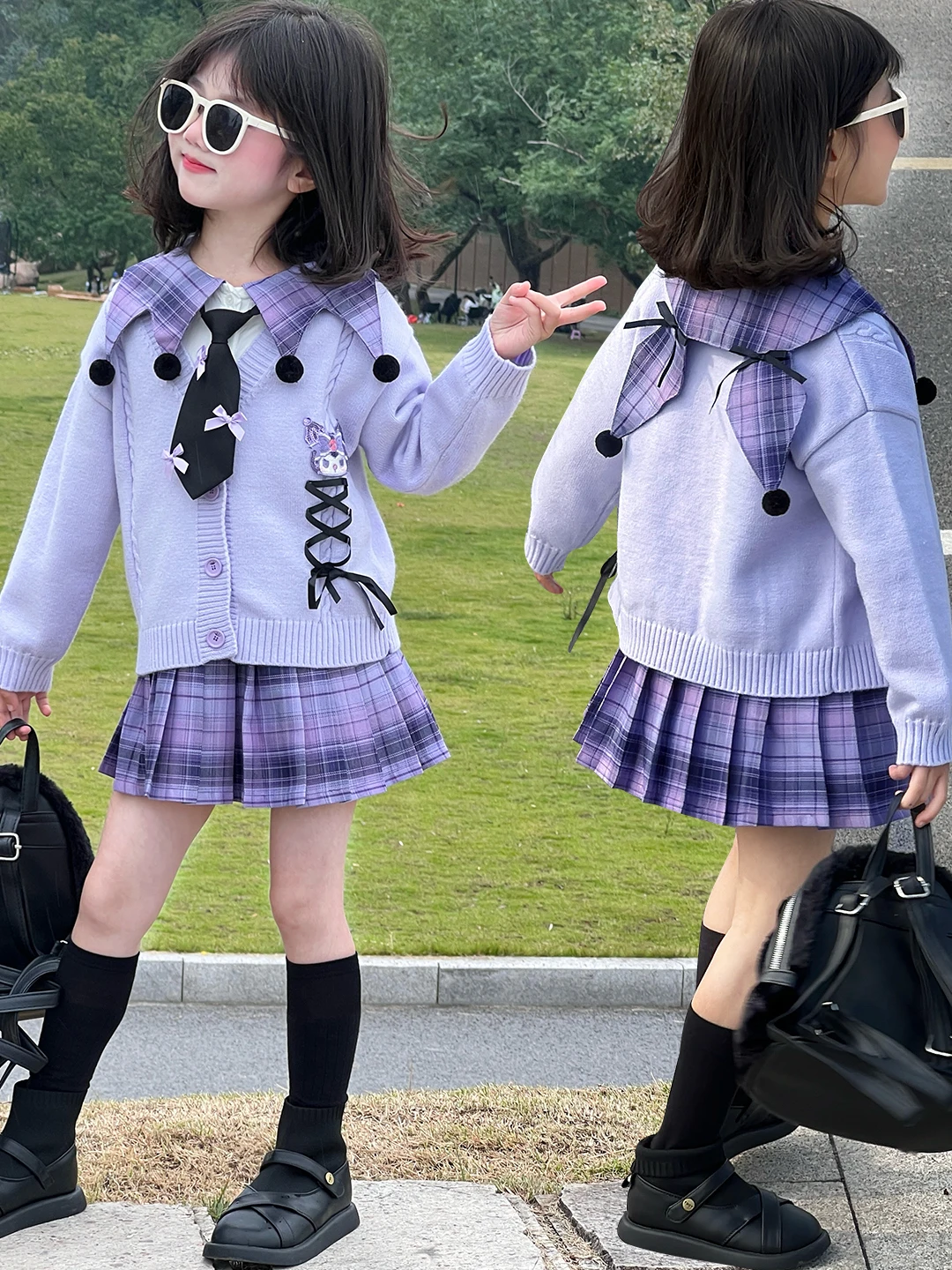 

Вязаный комплект для девочек: футболка и юбка. Весенне-осенний школьный наряд для девочек. Включает вязаный свитер, плиссированную юбку и прямые брюки.