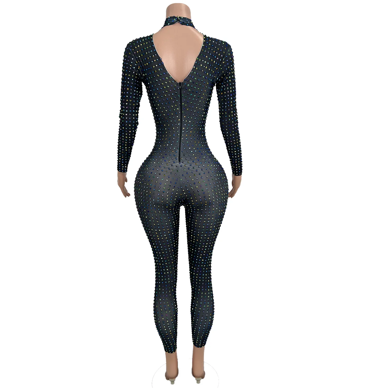

Цельный комбинезон с длинными рукавами и кристаллами, женские клубные вечерние боди, облегающие комбинезоны со стразами, танцевальная одежда, комбинезон для шоу