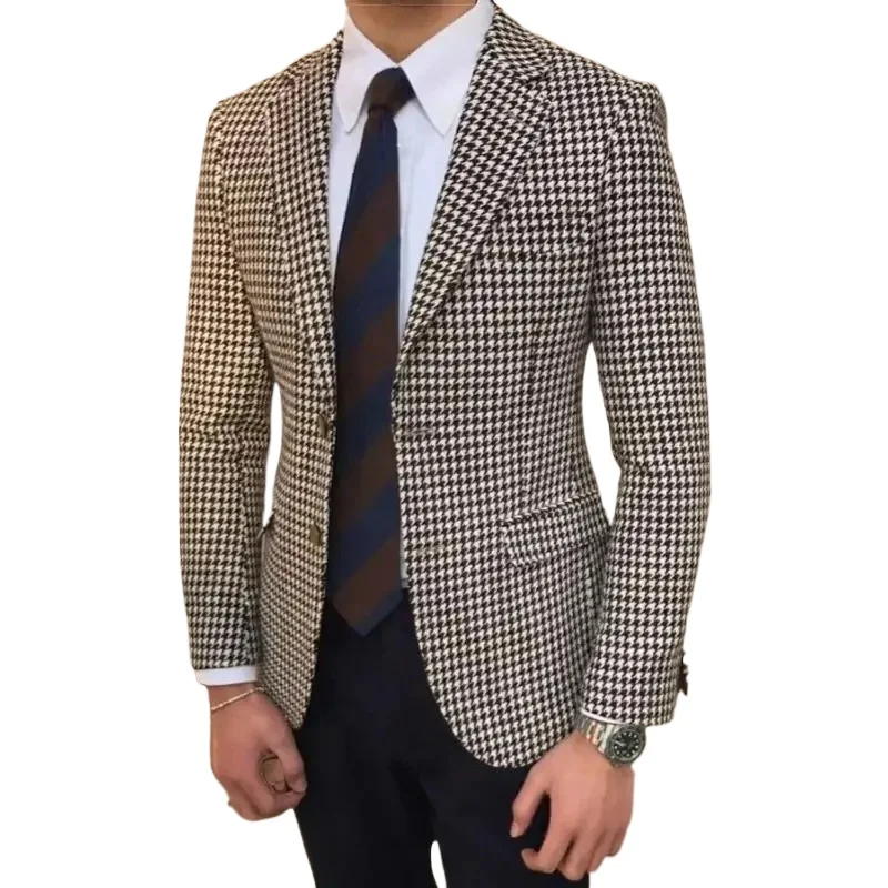 Check Suit Jacket for Men Wedding Tuxedo Houndstooth Blazer 1 Pc American Style Notch Style Check Plaid Fashion Suit 2024