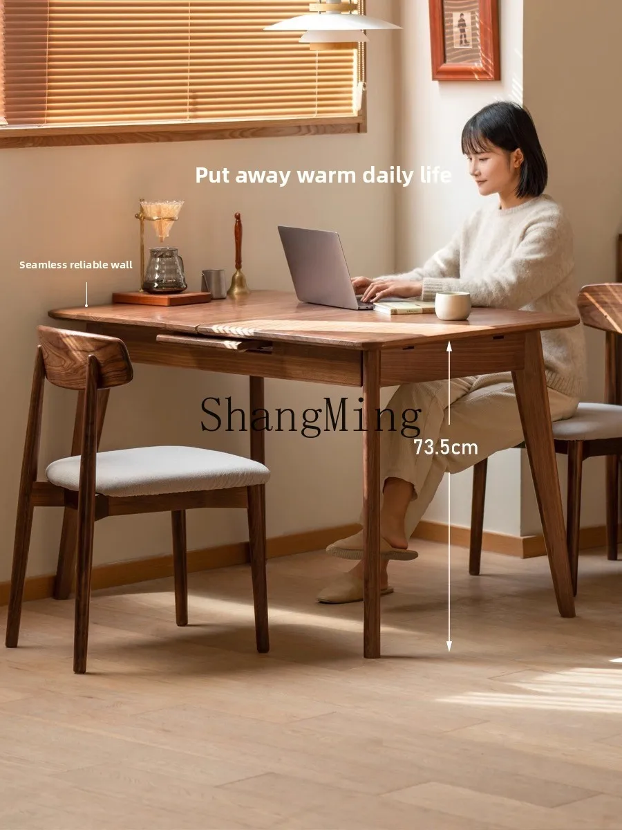 

SM solid wood dining table, simple black walnut retractable against the wall restaurant, household log dining table