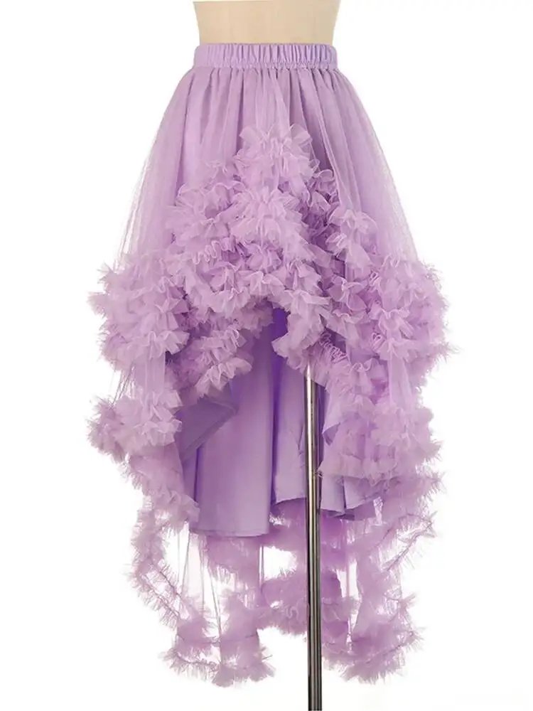 Waist High Elastic Purple Irregular Mesh Long Cake Half-body Skirt Women Fashion  New Spring Autumn 2026 SIF6