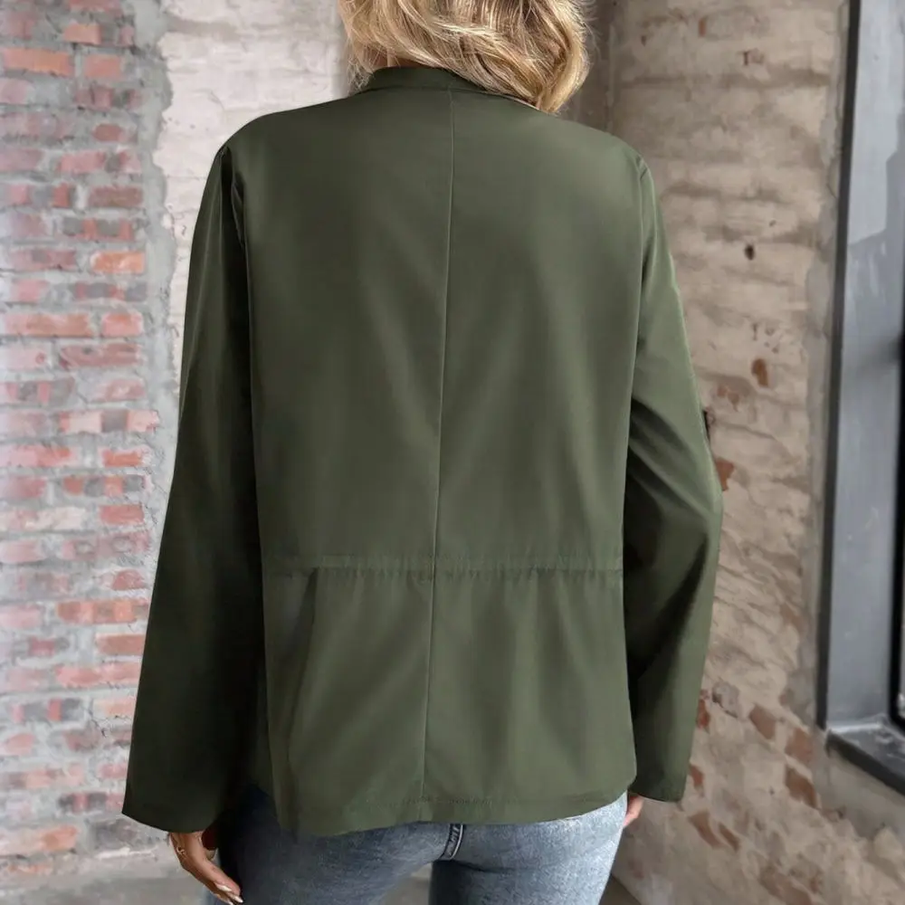 Autumn Womens Short Jacket Long Sleeve Turn Down Collar Plain Casual Outerwear Fashion Drawstring Waist Slim Fit Coat