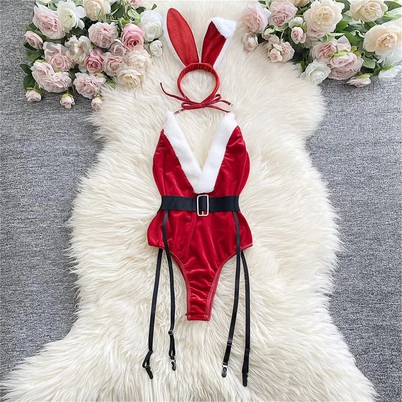 2025 Women'S Christmas Sexy Bunny Red Bodysuit Lingerie And A Hat Underwear Women Sets New Year Costume