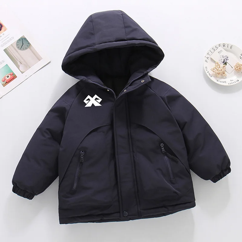 5-14 Years Kids Hooded Winter Cotton Jacket Boys Geometric Print Thick Warm Cargo Coat Outdoor Sports Windproof Outerwear