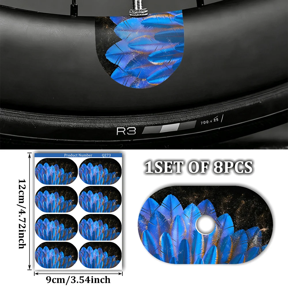 8Pcs Blue Feather Vinyl Valve Stem Stickers Waterproof UV Resistant Car Bicycle Wheel Rim Decor Decals