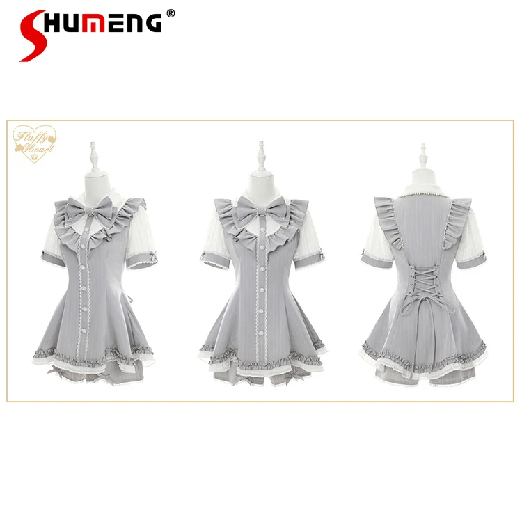 

Japanese Mine Style Lace Pearl Doll Collar Bow Short Sleeve Single-breasted Slim Dress Elastic Shorts Sweet Two-piece Sets Women