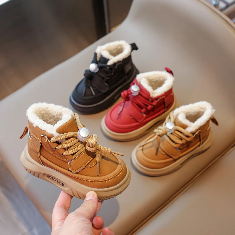 *Kids Winter Fashionable Lace-up Baby Girls/Boys Plus Velvet Warm Soft Thick-soled Mid-calf Boots School Students Walking Boots
