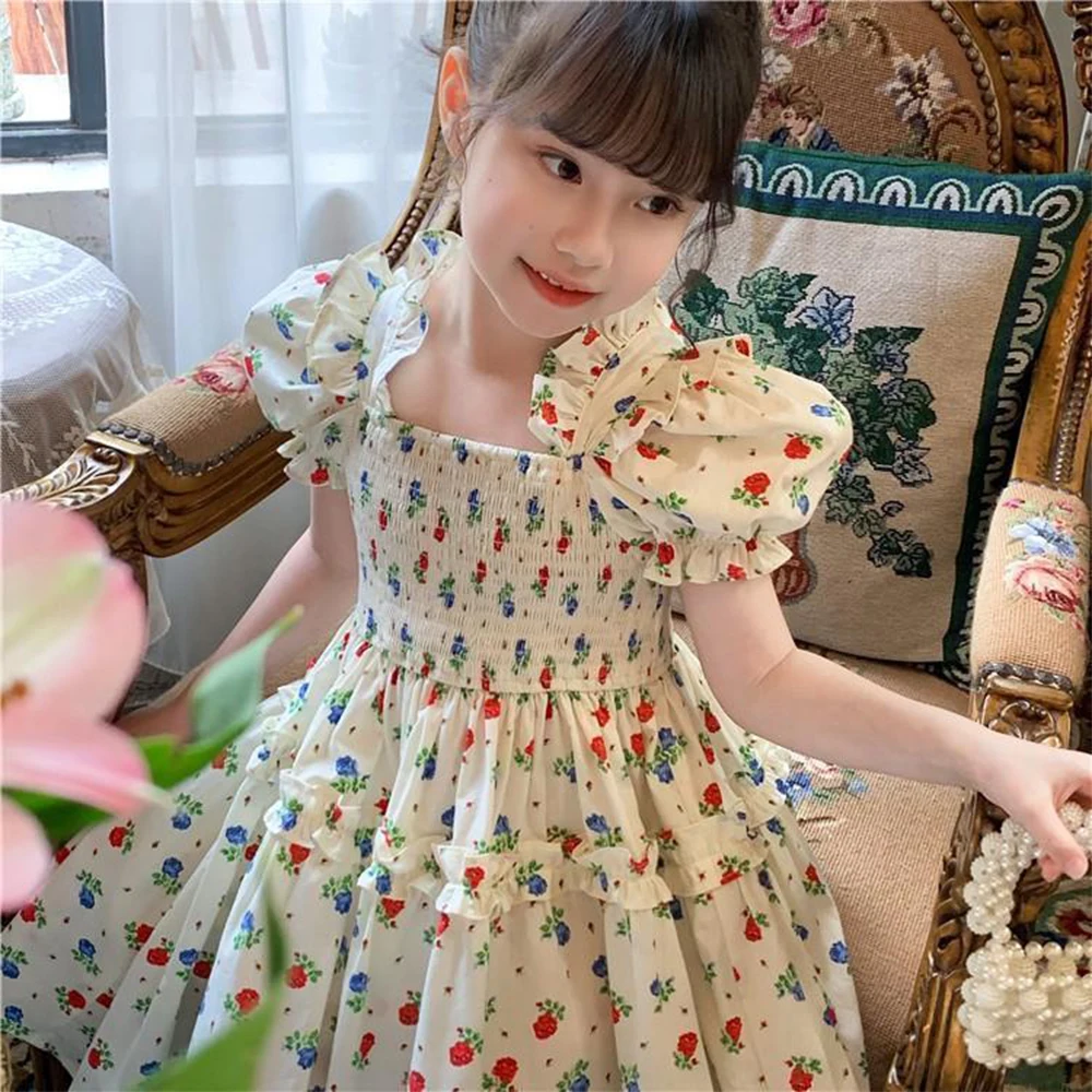 Vestido de princesa para niñas con flores dulces, Vestidos informales florales con mangas abullonadas para niñas, nueva moda coreana, ropa para niños