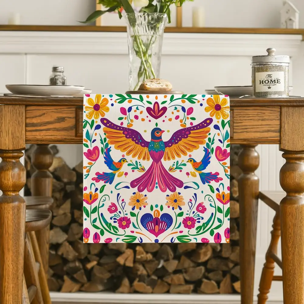 Flying Birds Floral De Mayo Table Runner, Dia De Los Muertos Seasonal Holiday Kitchen Dining for Home Party Decor