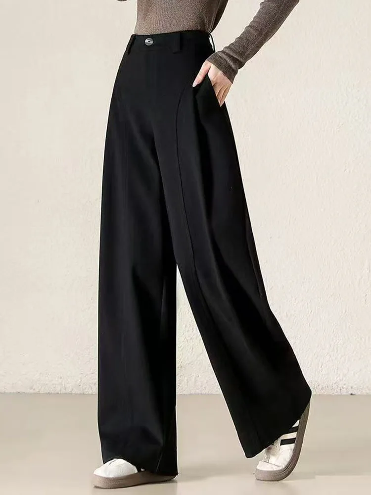 خريف شتاء سميكة مستقيم السراويل النساء عادية عالية الخصر الصوفية واسعة الساق Pantalones الكورية موضة فضفاضة الصوف مزيج Spodnie جديد #5