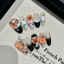 10pcs Handmade Press On Nails Lovely Kapibala Glossy Cat's Eye False Nails With Colorful Diamond Decor Black French Manicure