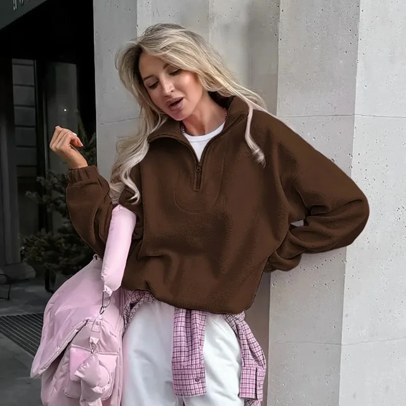 Fashion Winter Lamb Fleece Hoodie Women Casual Loose Thick Zipper Lapel Long Sleeve Pullover Top Lady Multiple Colors Available