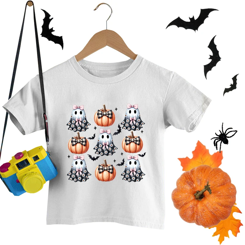 Halloween Ghost Pumpkin Bow Print T-shirt Children Boys Girls Short Sleeve Crew Neck T-shirts Cute Ghost T-shirts