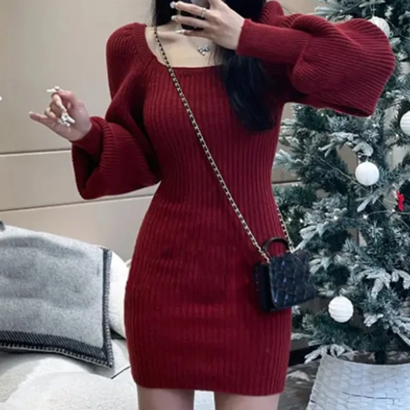 

Puff Sleeve Square Collar Knit Dress Mini Women's Vestido Clothes Casual Sexy Elegant High Waist Fashion Party Club Sheath