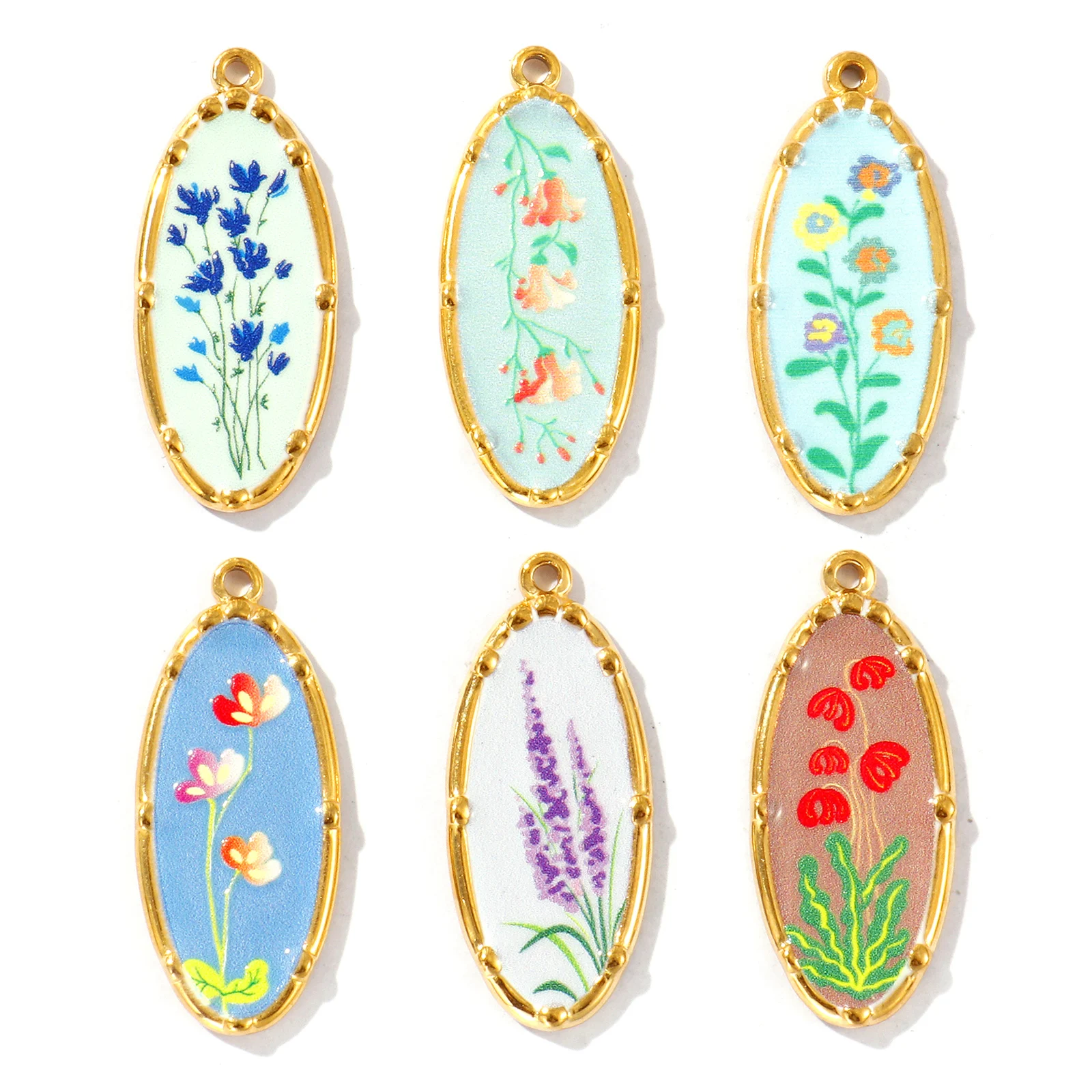 2 Pcs 304 Stainless Steel Charms Oval Flower Print 18K Gold Plated Pendant For DIY Necklace Bracelet Jewelry Making Findings