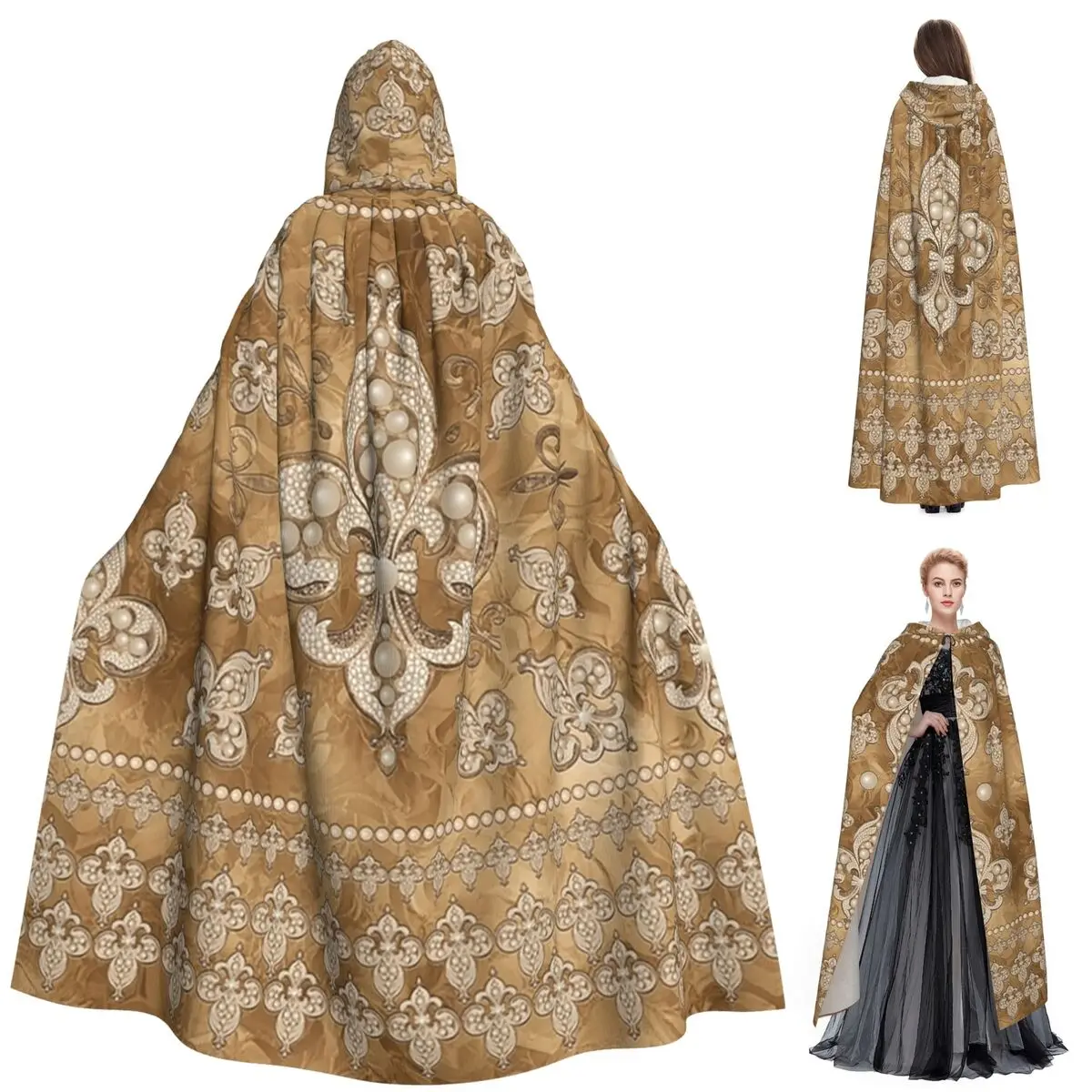 

Fleur-de-lis Luxury Pearl And Gold Long Hooded Cloak Witch Medieval Costume Cosplay Cape HalloweenCoat Adult Unisex