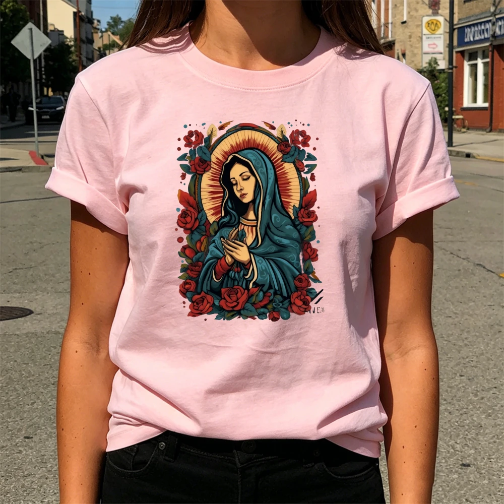 Retro Line Art Rose Virgin Mary Guadalupe Graphic Women T-shirt Vintage Aesthetic Summer Holiday Cotton Short Sleeve Unisex