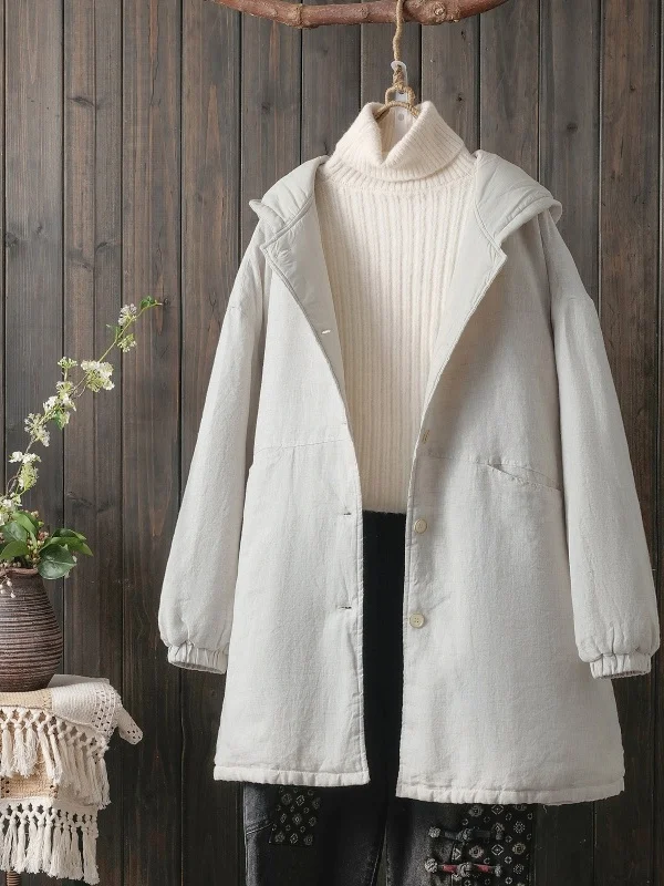 

Thiened Pure Cotton Hooded Jaet Women's Loose Casual Warm Cotton Coat Windbreaker Long Sve Mid-Length Single Button