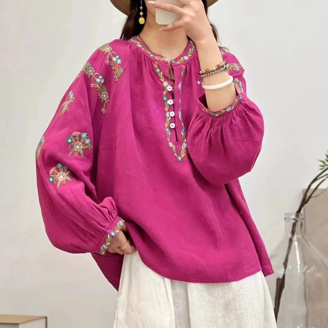 

Heavy Industry Embroidered Literature Art Summer 2024 Shirt New Spring Summer National Retro Embroidered Cotton Linen Loose Top