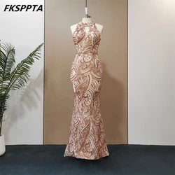 Long Gold Sequined Mermaid Dress Evening O Neck Crystals Illusion Plus Size Prom Gowns For Women Birthday In Stock