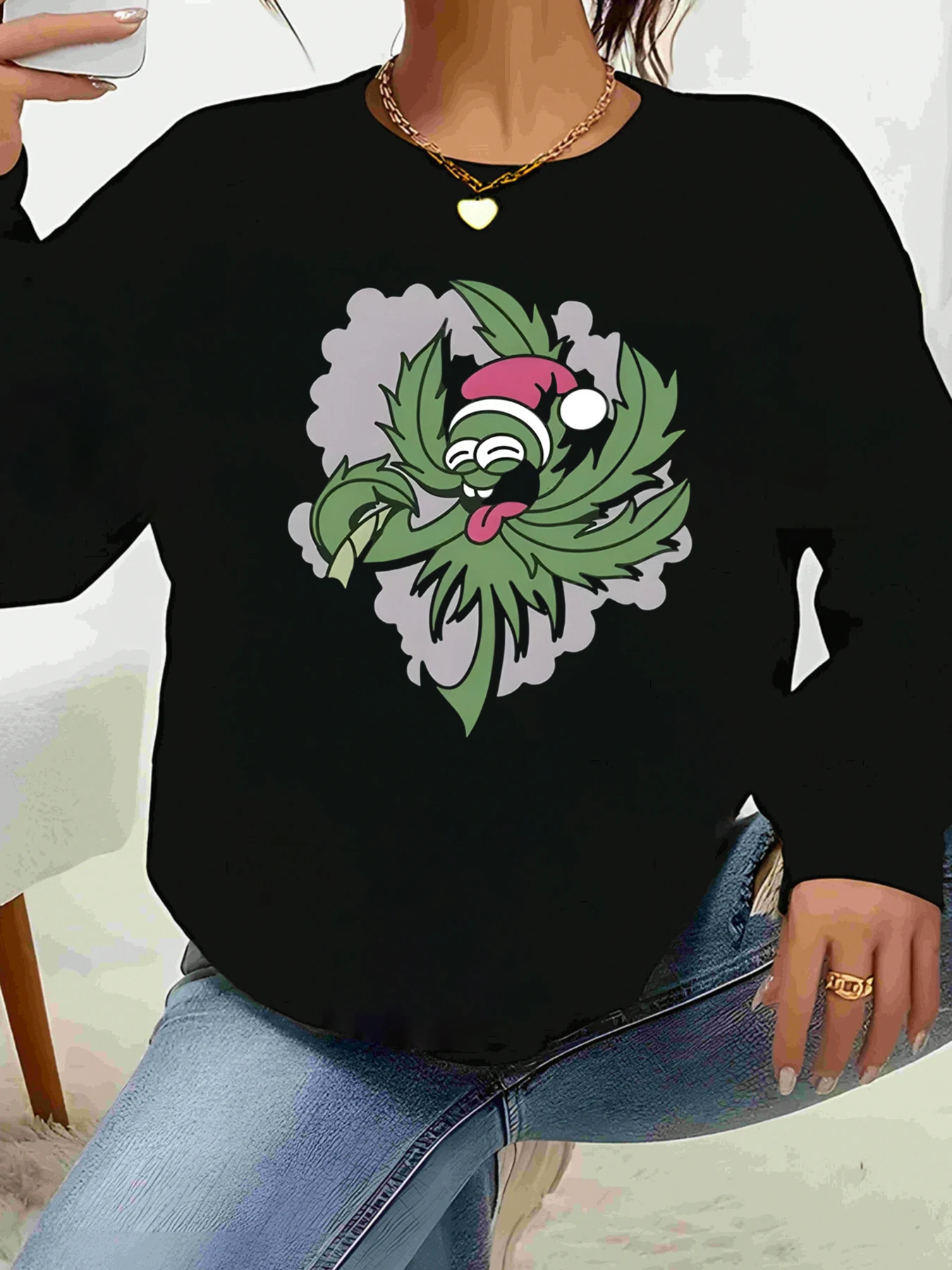 Cannabis Plant Santa Christmas Print Long Sleeve Sweater Casual Wear Women