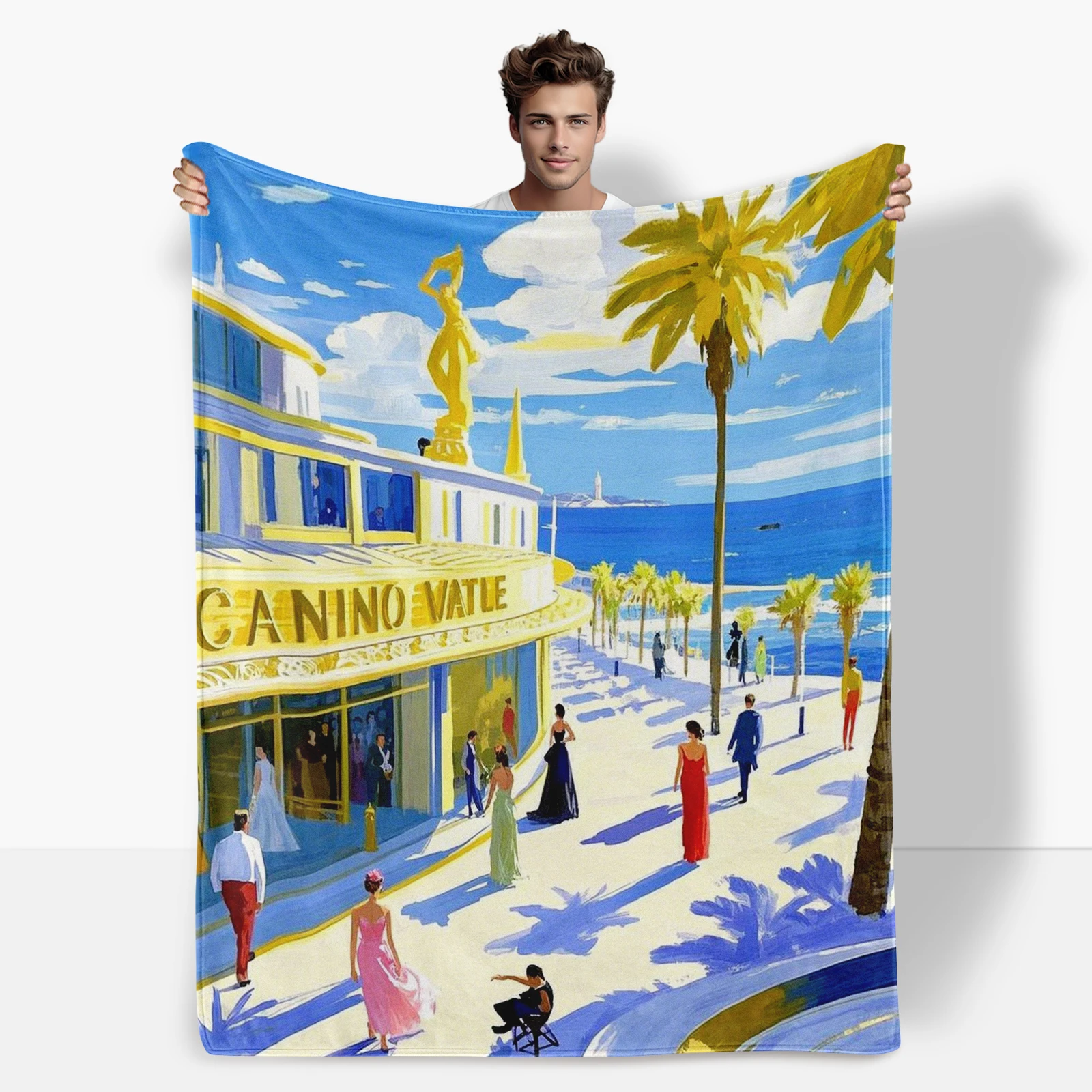 Pedestrians On A Seaside Street Next To Grand Casino Blanket, Cozy And Inviting Ideal Present For Family And Friends.