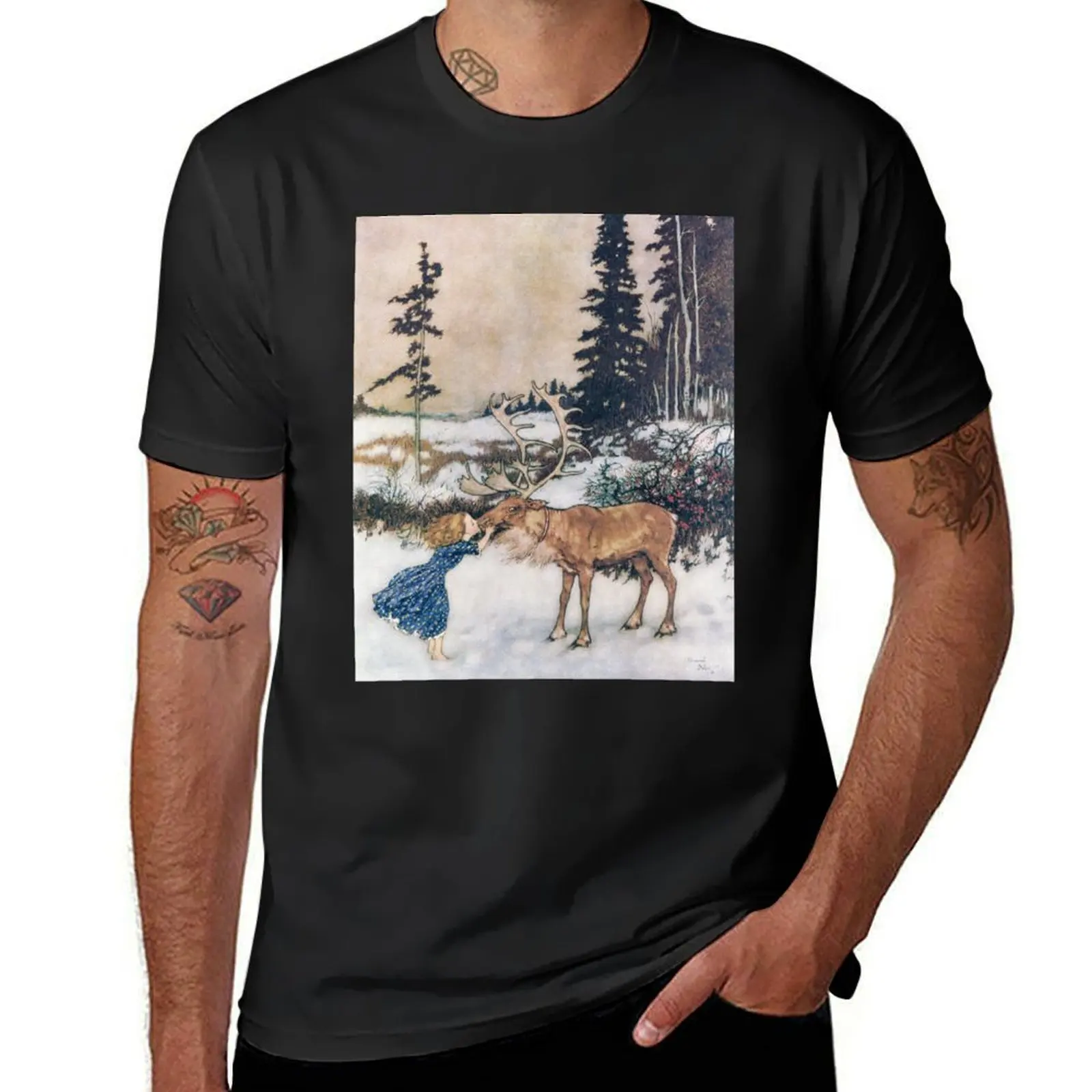 Gerda and the Reindeer - The Snow Queen Edmund Dulac T-Shirt oversizeds summer top T-shirts for men cotton