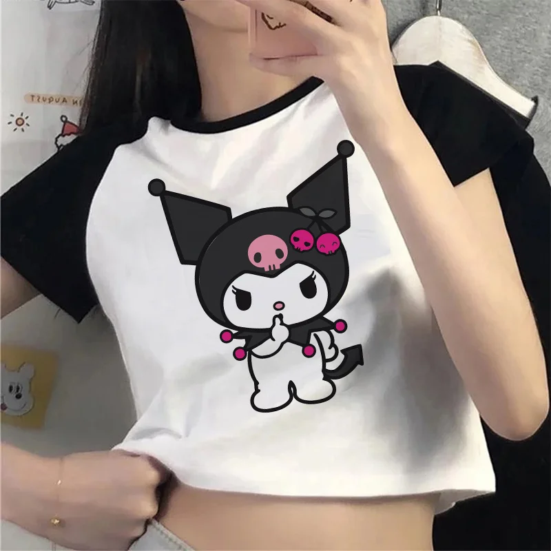 Sanrio Kuromi Karikatür Baskı Kadın T-shirt Y2k Sokak Harajuku Baharatlı Kız Tees Tops Kore Moda Sevimli Ince Kadın Kısa Kollu