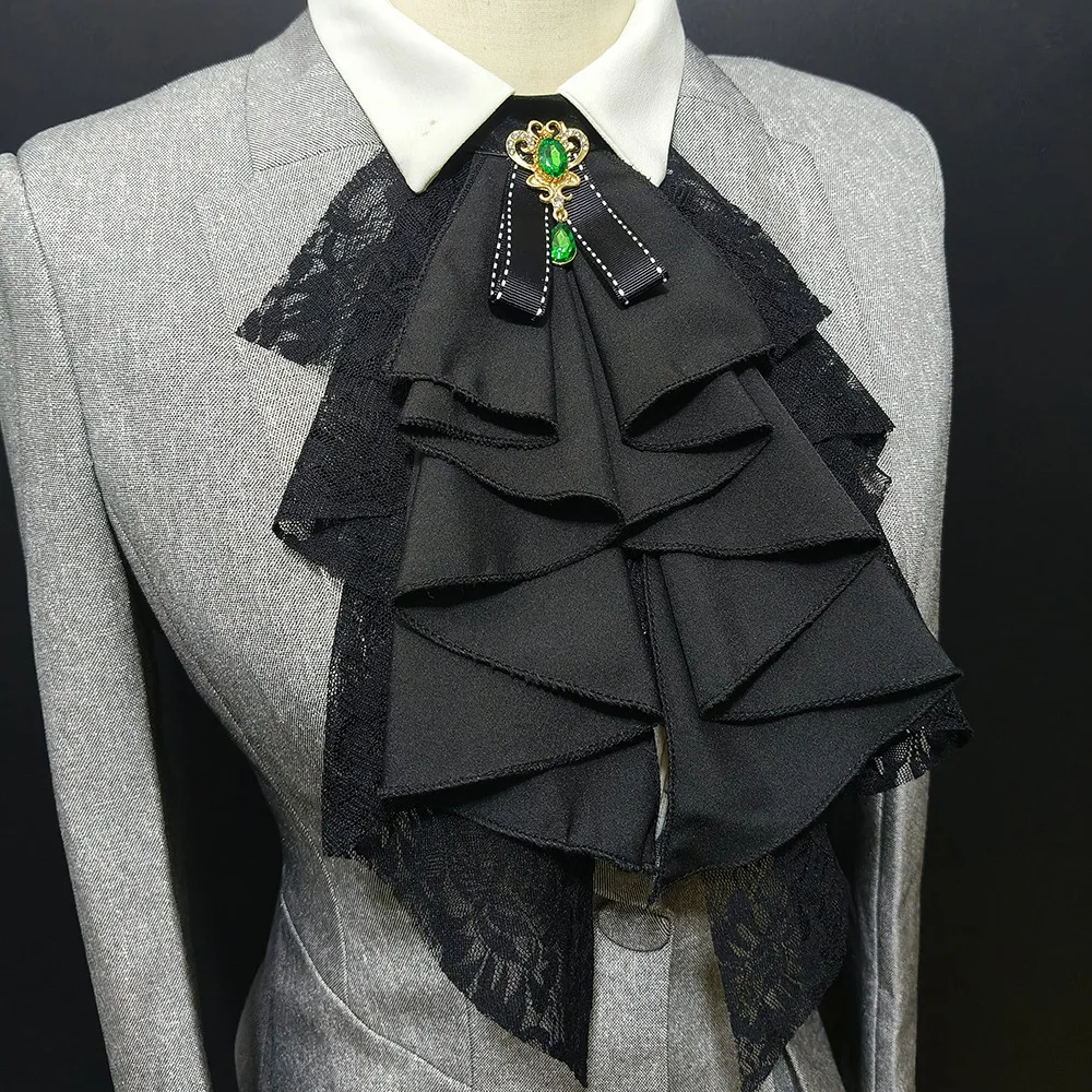 Court-style Ruffled Rhinestone Layered Bib with Fake Collar  Stage Performance Prop  Wedding Banquet Shirt Overlay Collar Tie
