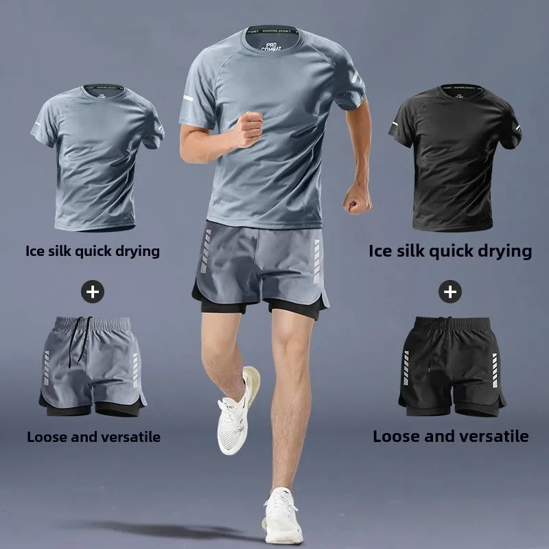 Men's Fitness Clothes Marathon Running Training Summer Short Sleeves Shorts Quick Drying Sports  Equipment Men's Sportswear Set