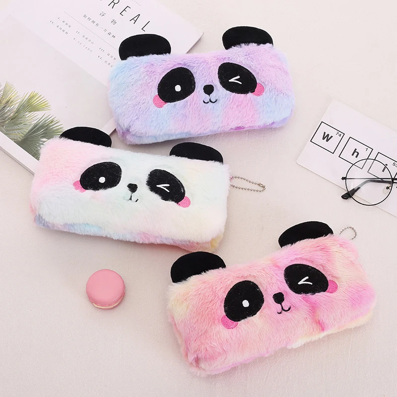 Cute Cartoon Gradual Color Panda Pencil Case Plush Pen Bag Student Stationery Supplies Tool