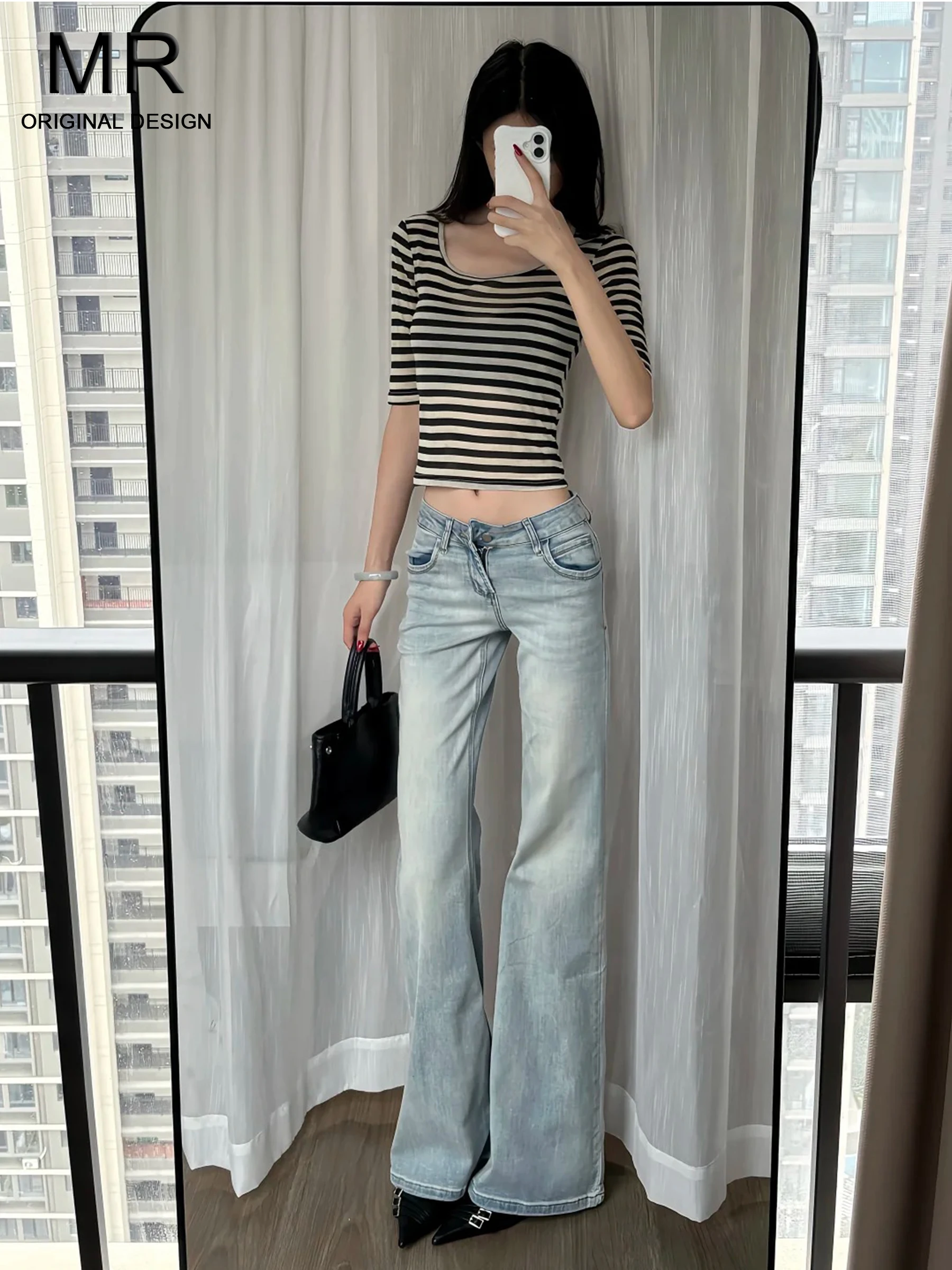 

Light Wash American Style Low Waist Bell Bottom Jeans Women's Summer Trendy Sensual Slimming Floor Length Pants