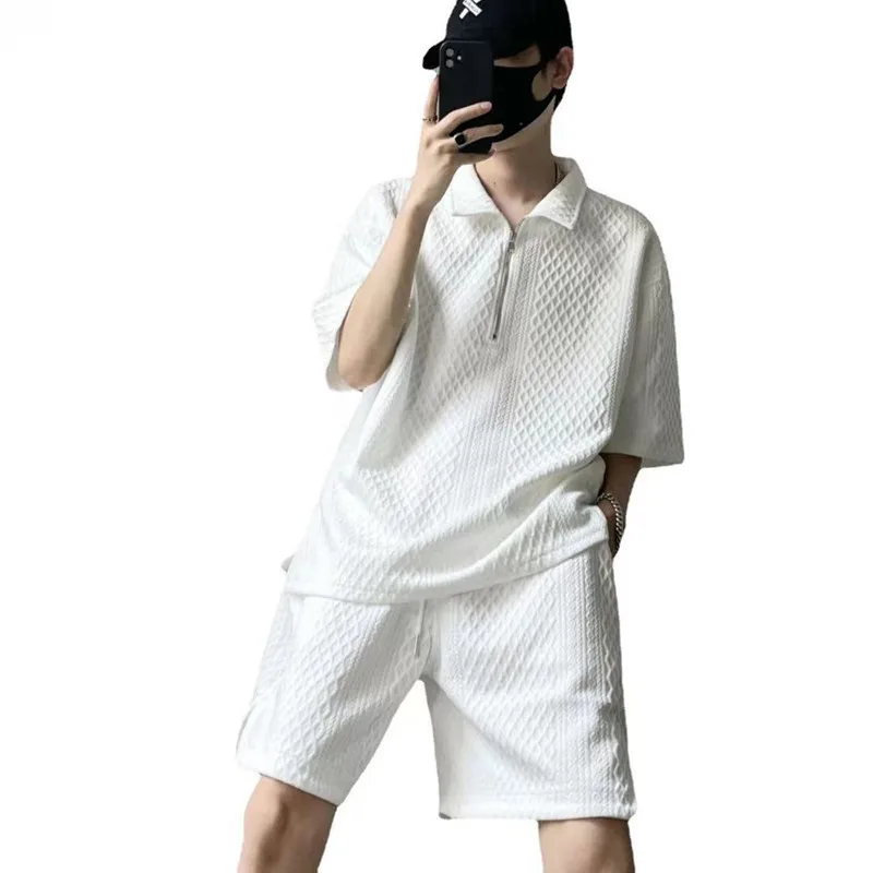 Summer Men Casual shorts Sets Solid Loose Tshirts & Shorts 2 Piece Set Zipper Polo Shirt Men's Fashion Street Sports Set 2024