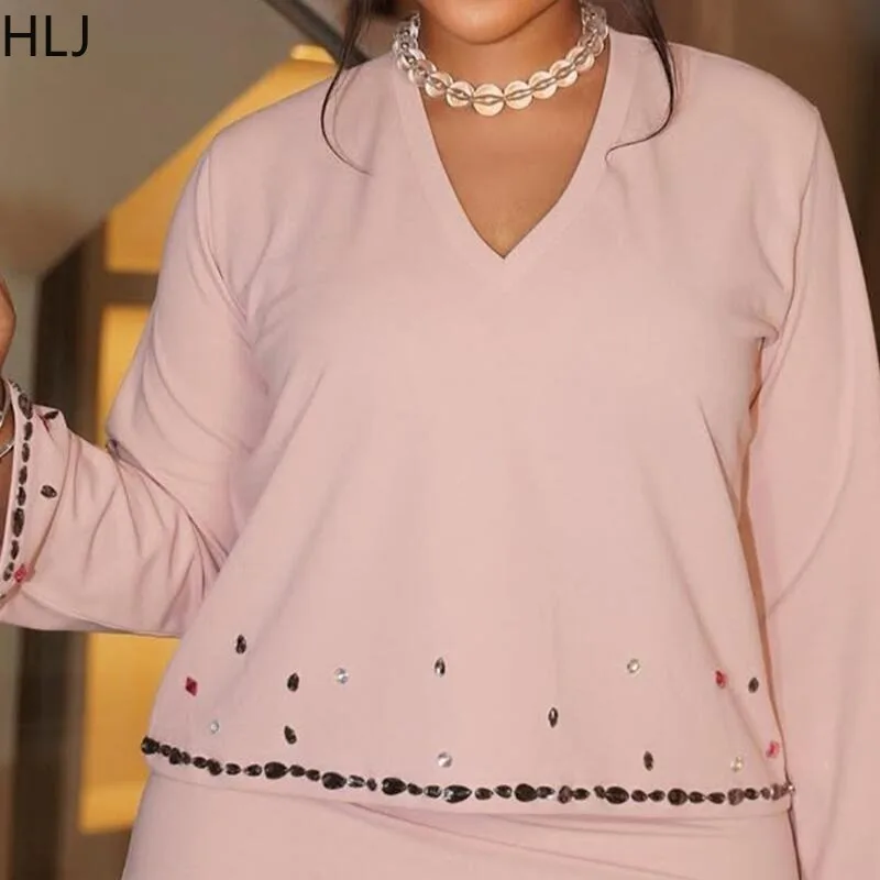 Hlj elegante rosa strass retalhos 2 peça define mulher outfit mangas compridas decote em v topos + saia combinando ternos feminino escritório