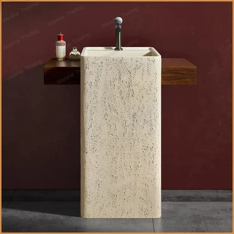 Vintage Style Style Stone Integrated Pedestal Basin Wash Basin for Home Outdoor Courtyard Washstand Basin