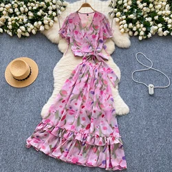 Chic Print Women Two-Piece Sets Vintage V-neck Slim Criss-Cross Bandage Top High Waist Skirt Korean High Street Summer Clothing