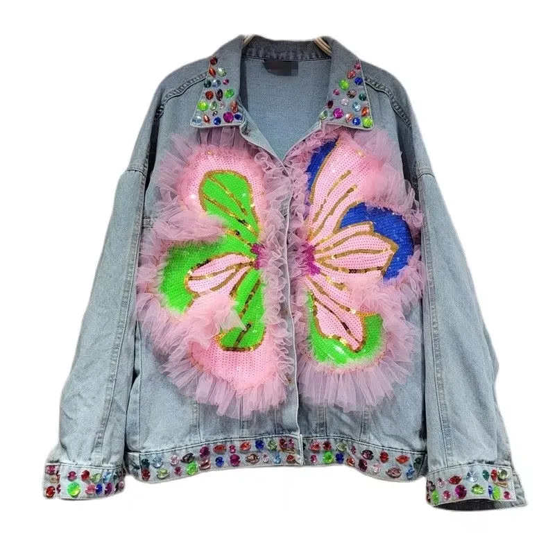 2025 春スパンコールフラワー女性ブルーデニムジャケットラペル長袖カジュアルチャケータ Mujer 女性のジーンズジャケットストリート
