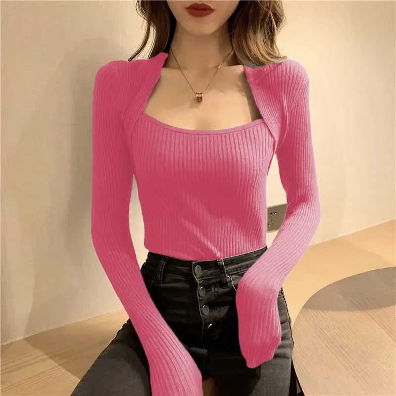 Spring Autumn Sweater Slim T-shirt Woman Square-Neck Knitted Long-Sleeved Top