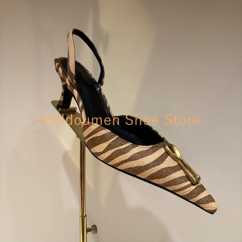 

Sexy Zebra Print Design Horsehair Kitten Heel Sandal Trendy Irregular Metal Buckle Decor Pointed Toe Slingback Back Strap Sandal