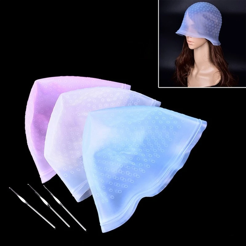  Salon Dye Silicone Cap Silicone Hair Highlights Cap with Hook Needle Reusable Hair Coloring Cap Hair Dye Hat Hairstyling Tool