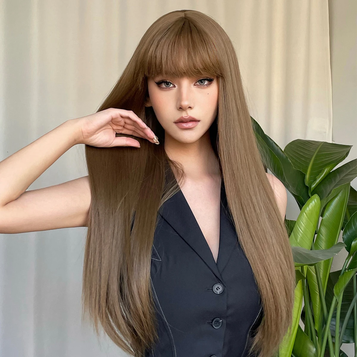 Synthetic Wigs Long Silky Straight Natural Brown Women Hair Wigs with Bangs Heat Resistant Daily Party Cosplay Use for Girls Wig