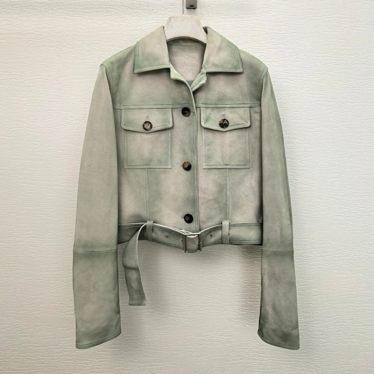 High Quality Women Lapel Cropped Jacket Button Front Outerwear With Pockets And Adjustable Waist Belt lyt2662207