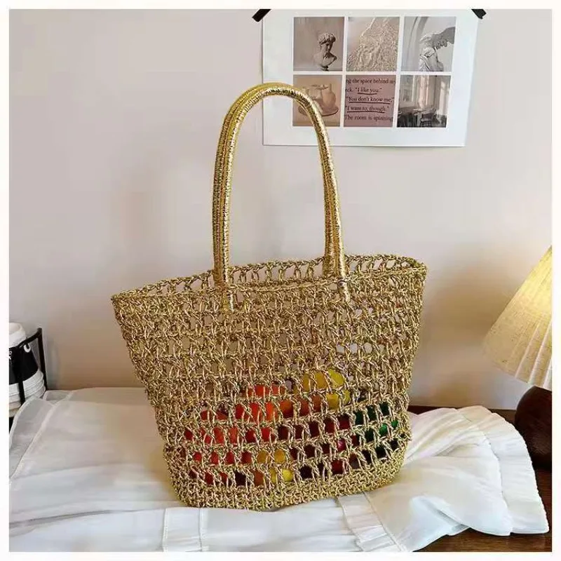 

Gold Large Capacity Summer Beach Bag Fashion Handwoven Hollow out Tote Bag American Retro Style Women's Shoulder Bag Carryall
