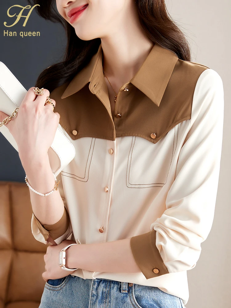 H Han Queen Autumn Colorblocking Career Blusas Turn-Down Collar Vintage Tops Elegant Chiffon Blouses Loose Casual Shirts Women