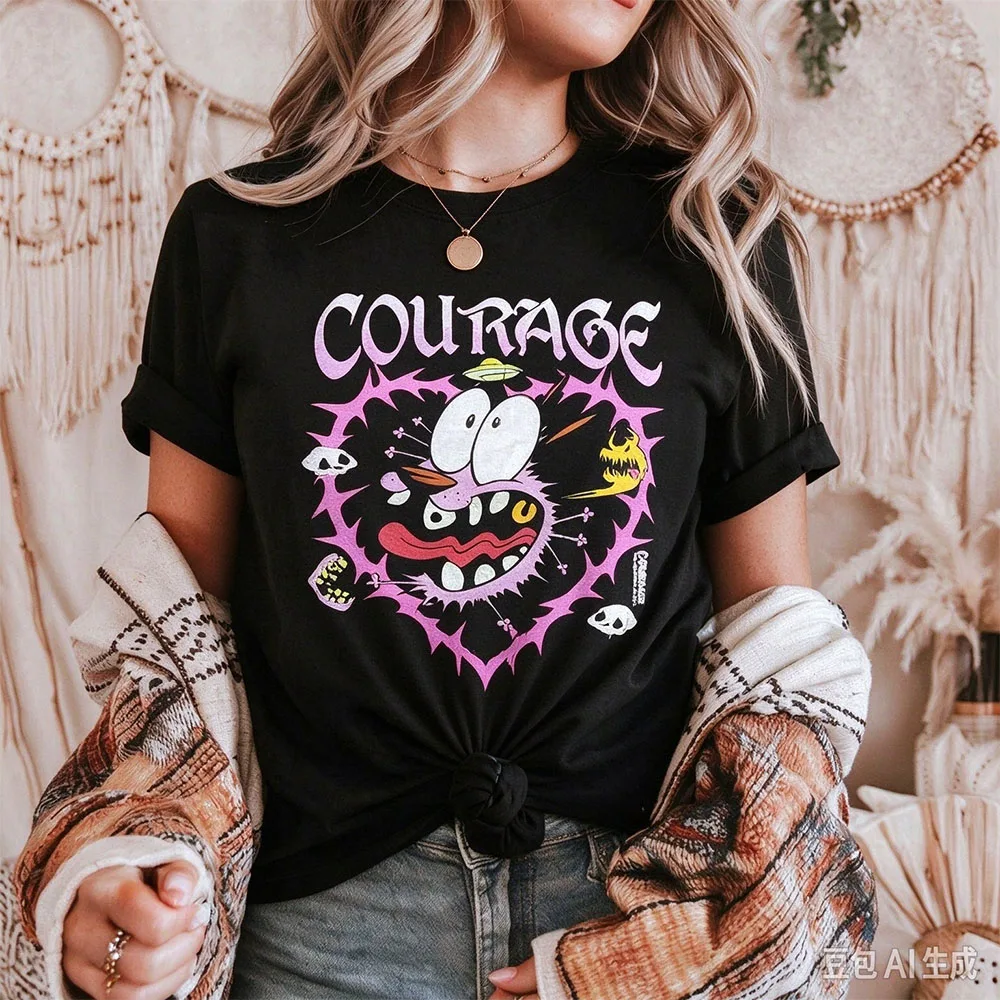 Vintage Courage the Cowardly Dog Cartoon Print Short Sleeve T-Shirt Retro Unisex Graphic Tee 90s Nostalgia Summer Streetwear Top