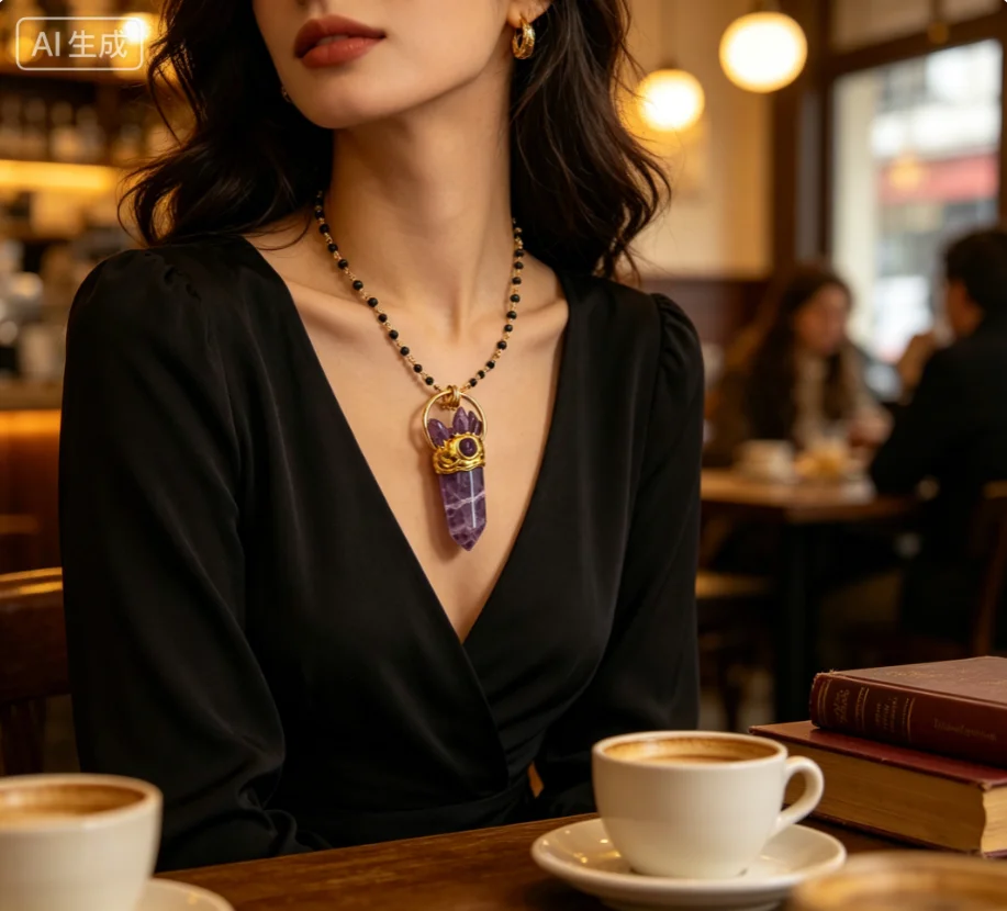 WT-N1274 Gorgeous Big Stone Necklace For Lady Precious Lucky Hexagona Amethyst Birthday Special Gift