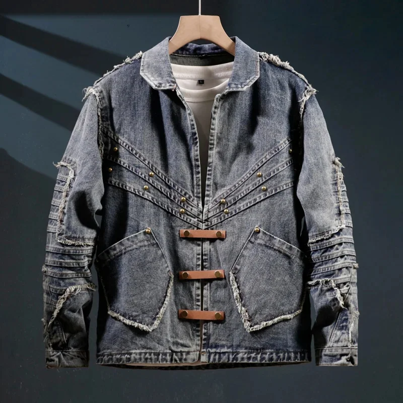 Streetwear อเมริกันวินเทจหลวมแจ็คเก็ตส่วนบุคคล Splicing ขอบดิบผู้ชาย DENIM TOP ปากขนาดใหญ่รุ่น