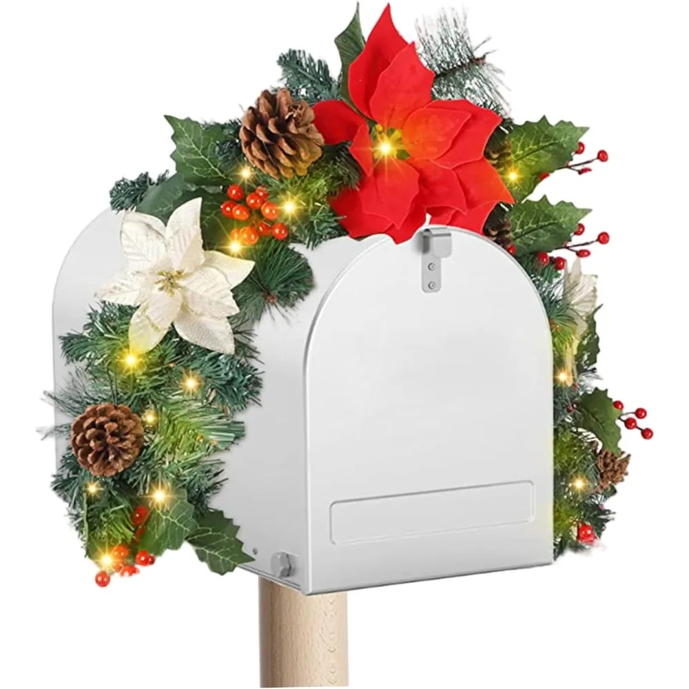 

35 Inch Pre-Lit Christmas Wreath with Red Berries, Pinecones, and Lights for Festive Mailbox Decoration