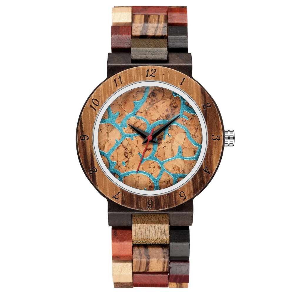 Reloj de cuarzo con movimiento de madera único para hombre, correa de madera pura Multicolor con diseño de esfera elegante contrastante, regalo que