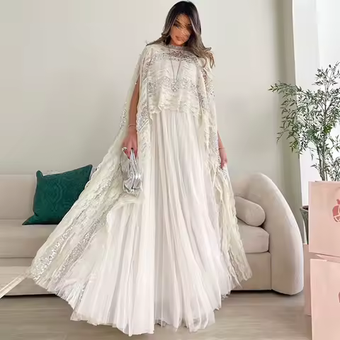 Exquisite Beige Chiffon Evening Dress Elegant Lace Shawl Customized Party Dresses Delicate Sequined Special Occasion Gowns